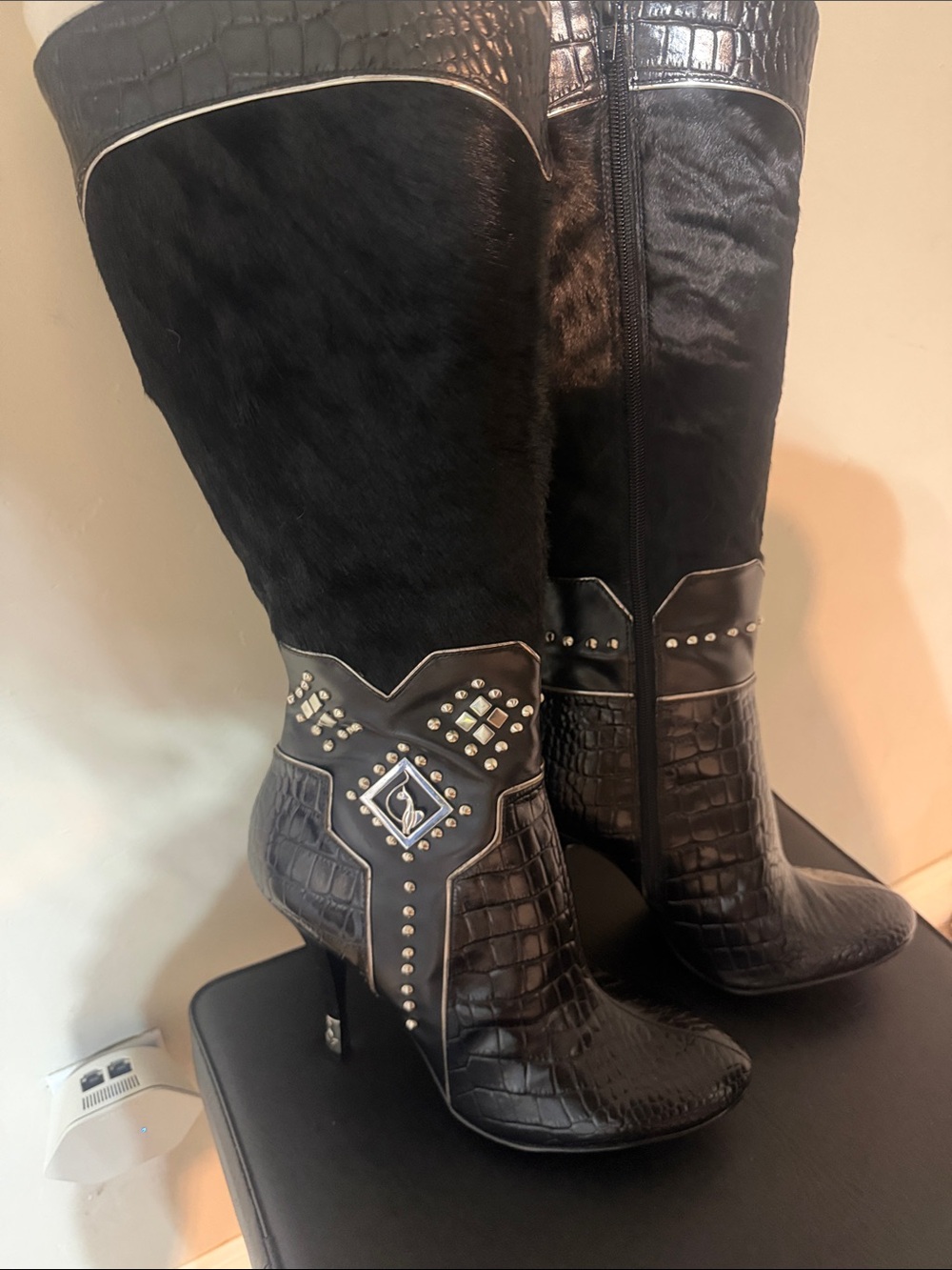 Baby Phat Black Faux-Croc & Haircalf Knee Boots with Stud Details